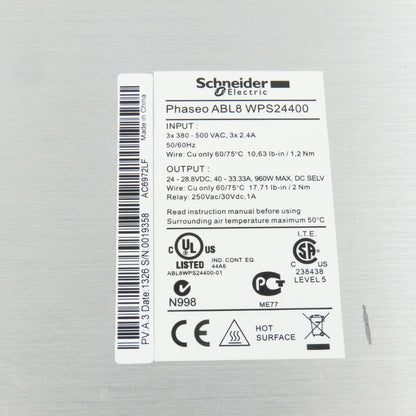Schneider ABLWPS24400 24-28V DC 40A Power Supply 3PH 380-500VAC Input 2.4A