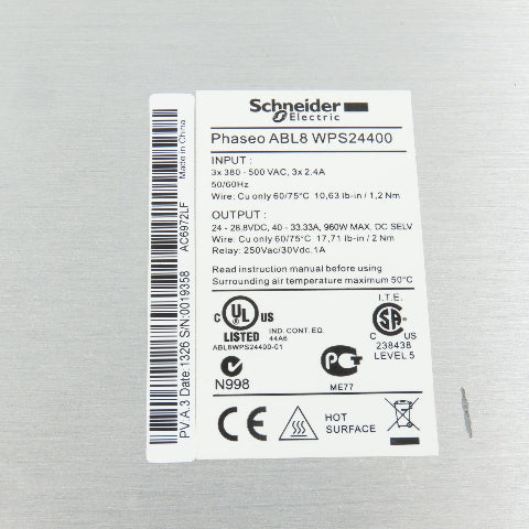 Schneider ABLWPS24400 24-28V DC 40A Power Supply 3PH 380-500VAC Input 2.4A