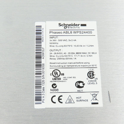 Schneider ABLWPS24400 24-28V DC 40A Power Supply 3PH 380-500VAC Input 2.4A