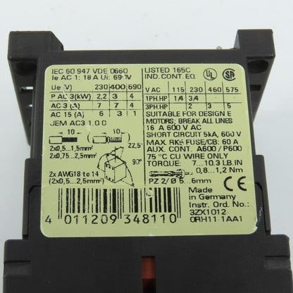 Siemens 3RT1015-1AK61 Sirius 3R Motor Starter Contactor 120V Coil 5HP