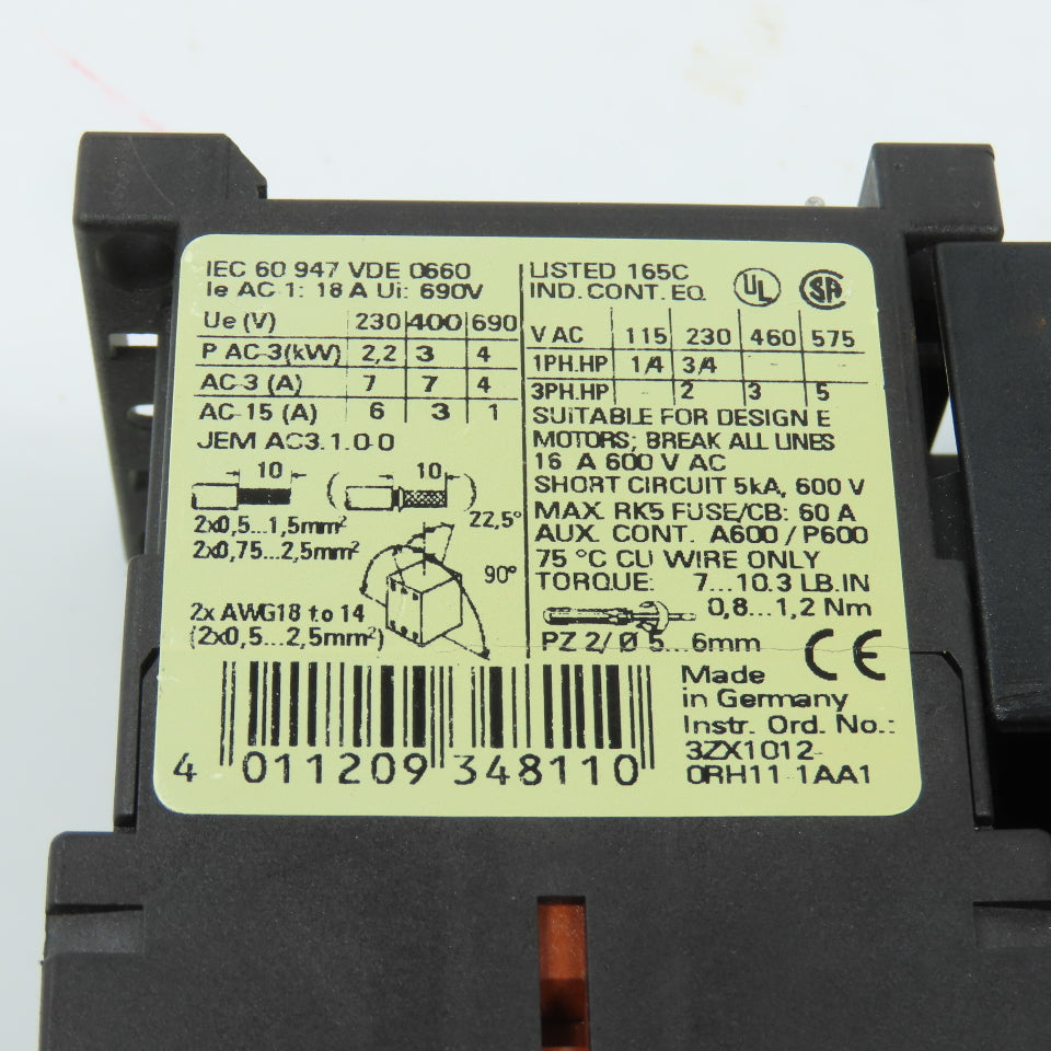 Siemens 3RT1015-1AK61 Sirius 3R 5HP Contactor 120V Coil W/ 3RV1011-1DA10