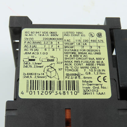 Siemens 3RT1015-1AK61 Sirius 3R 5HP Contactor 120V Coil W/ 3RV1011-1DA10