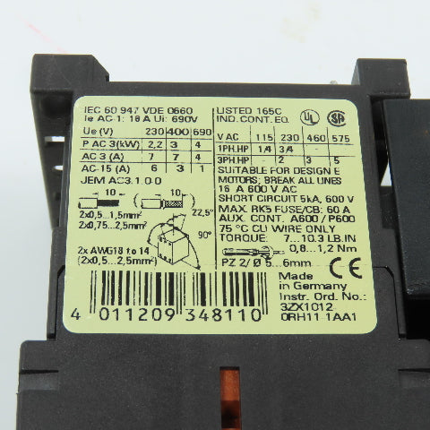 Siemens 3RT1015-1AK61 Sirius 3R 5HP Contactor 120V Coil W/ 3RV1011-1DA10