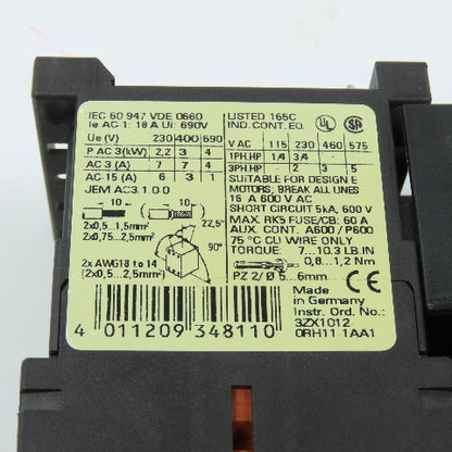 Siemens 3RT1015-1AK61 Sirius 3R 5HP Contactor 120V Coil W/ 3RV1011-1DA10