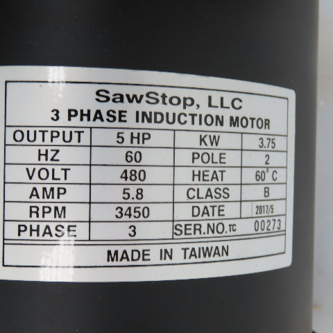 SawStop CB104 073 5HP 3-Phase Motor 480V 3450RPM From CB73480 Table Saw (TESTED)