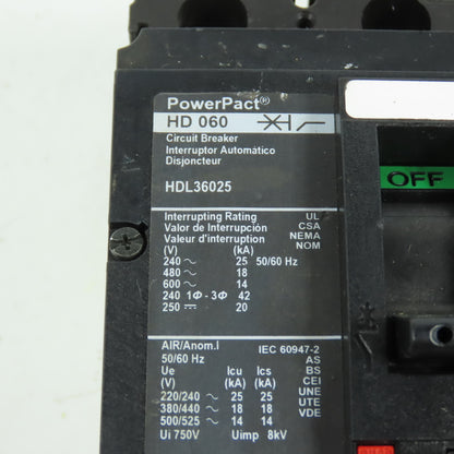 Square D HD 060 Power Pact HDL36025 25A 3-Pole Circuit Breaker 600VAC