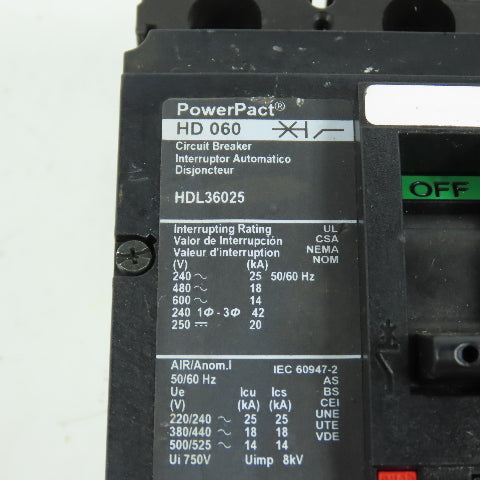 Square D HD 060 Power Pact HDL36025 25A 3-Pole Circuit Breaker 600VAC