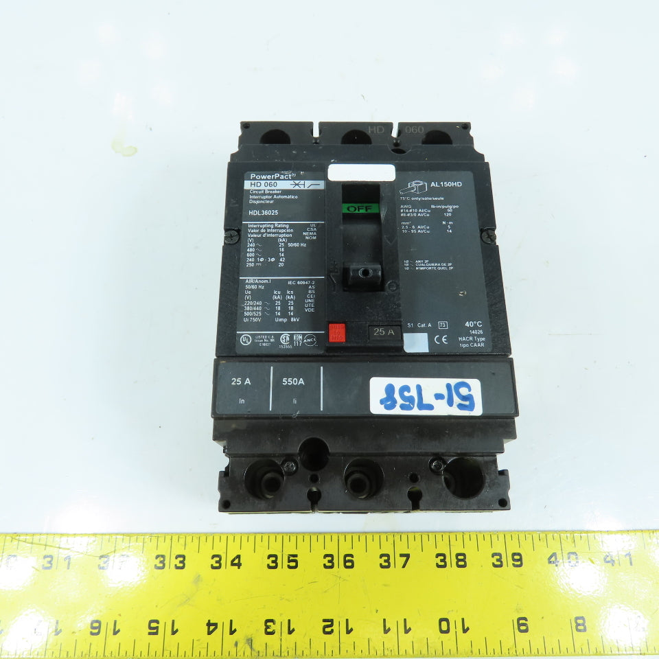 Square D HD 060 Power Pact HDL36025 25A 3-Pole Circuit Breaker 600VAC