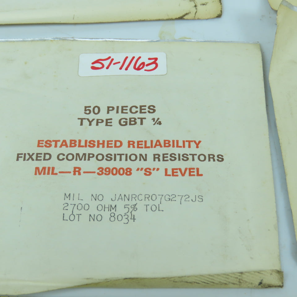 TRW MIL-R-39008 GBT 1/4 Fixed Composition Resistor 1000OHM 5% Tol Lot Of 250