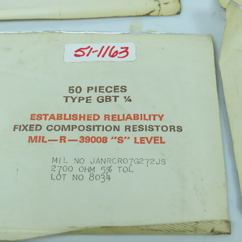 TRW MIL-R-39008 GBT 1/4 Fixed Composition Resistor 1000OHM 5% Tol Lot Of 250