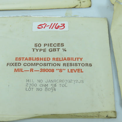 TRW MIL-R-39008 GBT 1/4 Fixed Composition Resistor 1000OHM 5% Tol Lot Of 250