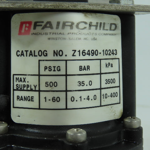 Fairchild Z16490-10243 Compressed Air Regulator 500PSI Max In 1-60PSIG Out