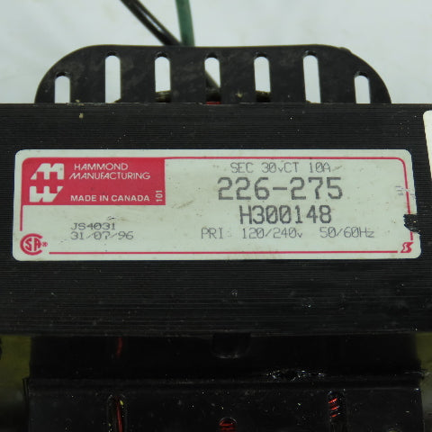 Hammond JS4031 226-275 Control Transformer Pri 120/240V 50/60HZ Sec 30V CT 10A