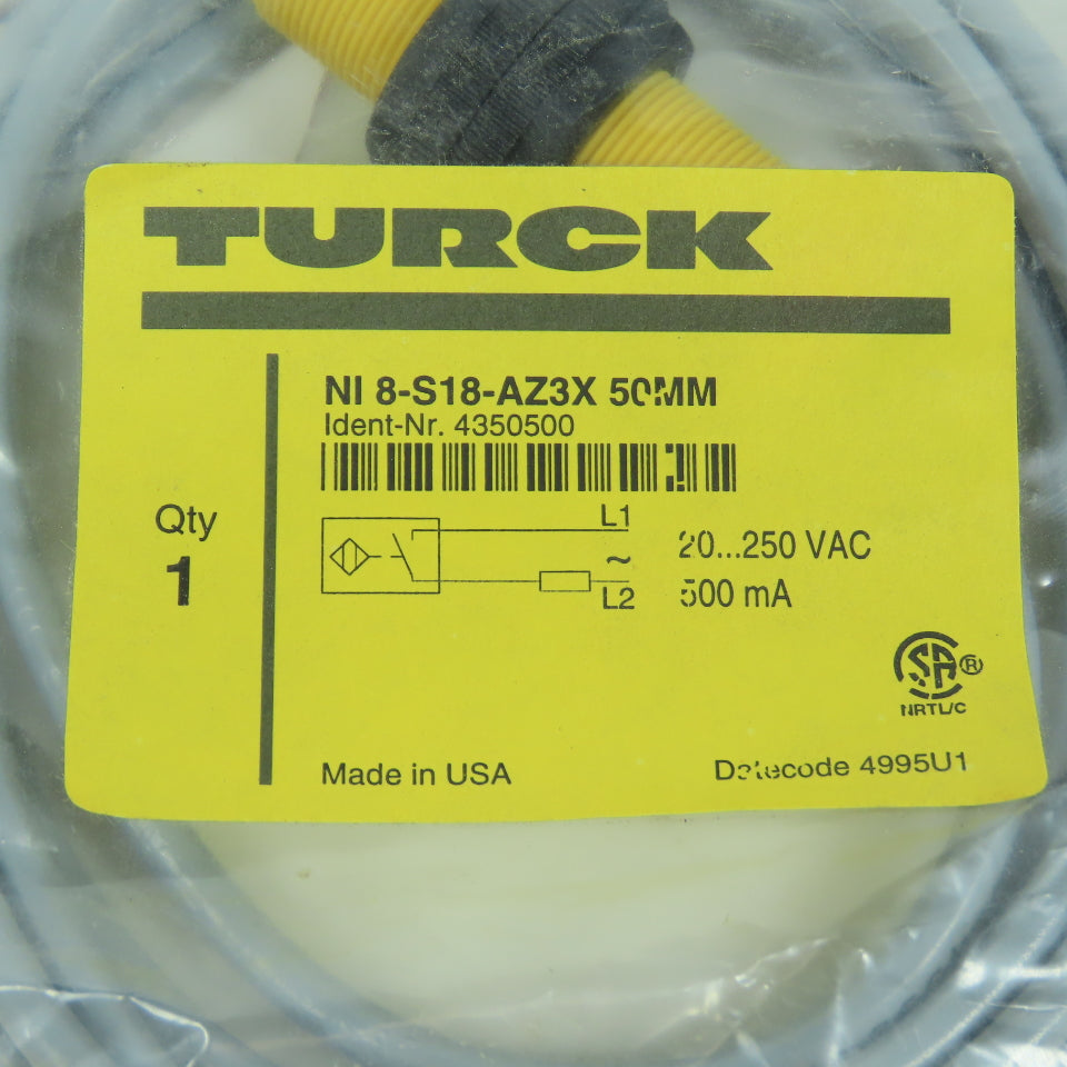 Turck NI 8-S18-AZ3X 50mm Threaded Barrel Inductive Sensor 20-250VAC NEW W/Lead