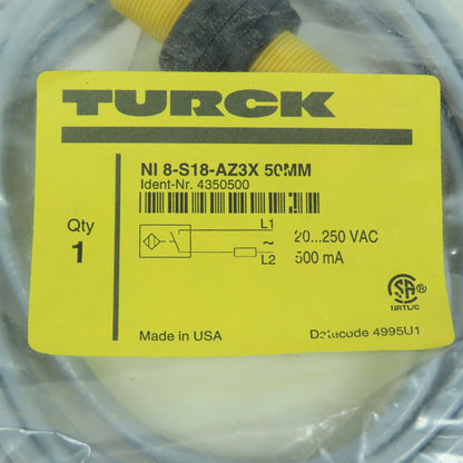 Turck NI 8-S18-AZ3X 50mm Threaded Barrel Inductive Sensor 20-250VAC NEW W/Lead