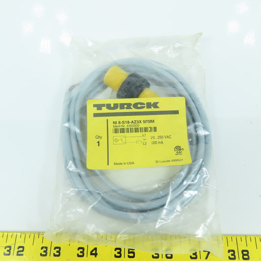 Turck NI 8-S18-AZ3X 50mm Threaded Barrel Inductive Sensor 20-250VAC NEW W/Lead