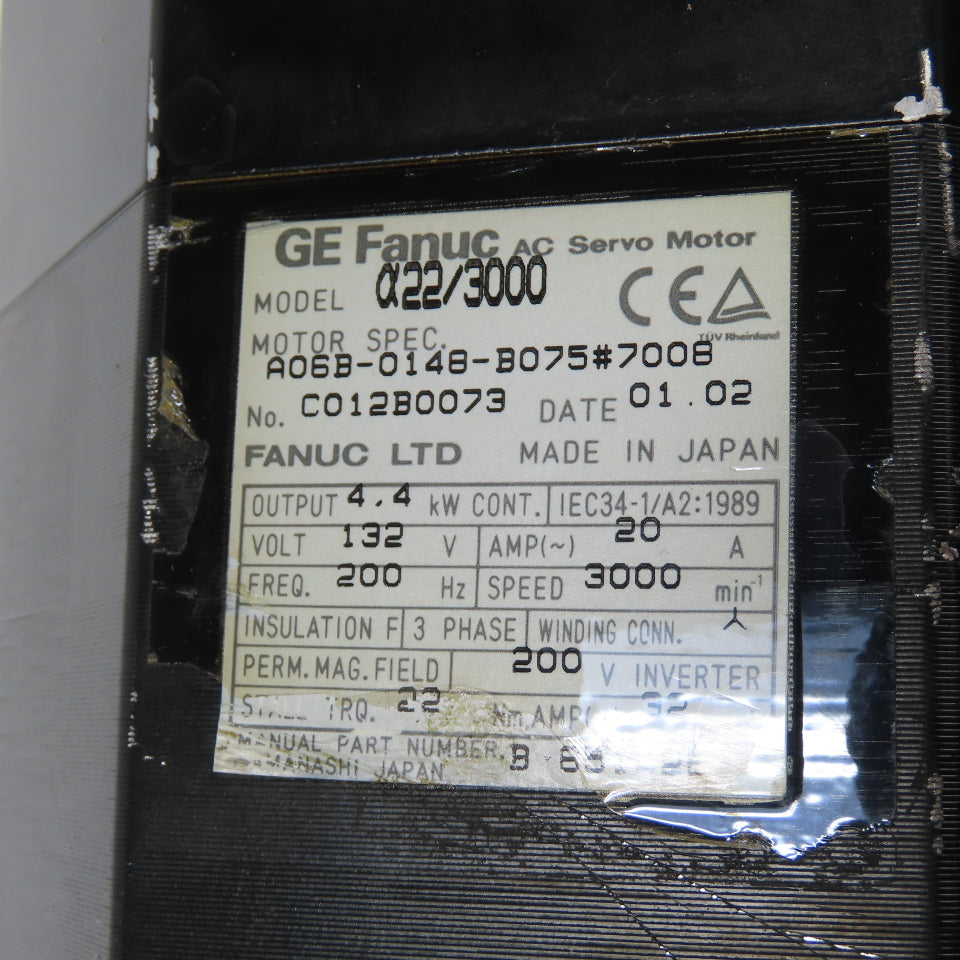 GE Fanuc A06B-0148-B075#7008 a22/3000 4.4kW AC Servo Motor 3Ph 132V 3000RPM 20A