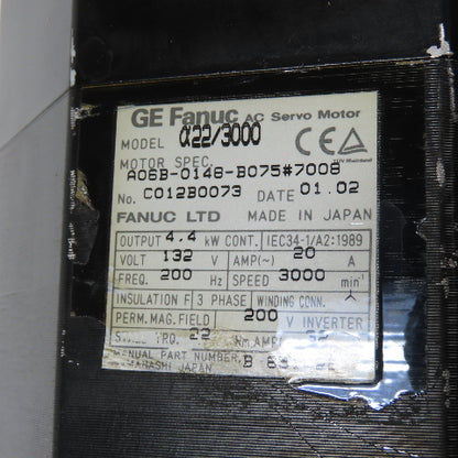 GE Fanuc A06B-0148-B075#7008 a22/3000 4.4kW AC Servo Motor 3Ph 132V 3000RPM 20A