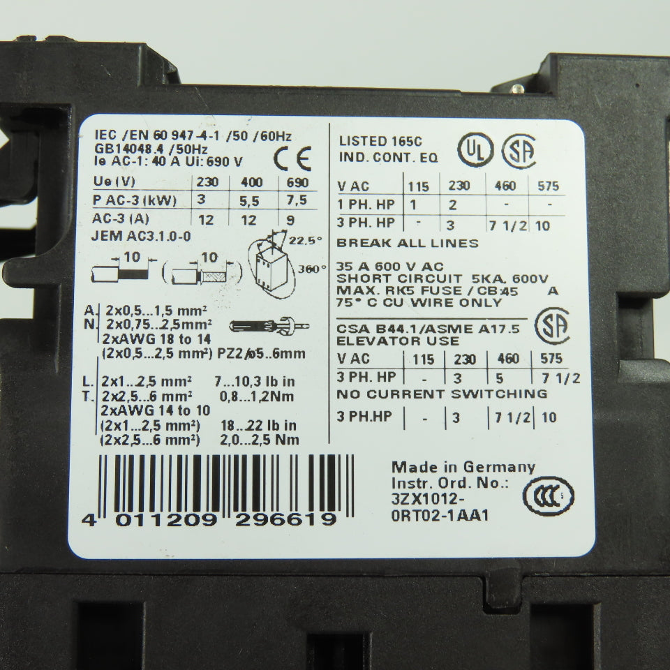 Siemens 3RT1024-1A Contactor 600VAC 40A 110V Coil W/ RU1126-1CB0 2.5A Relay