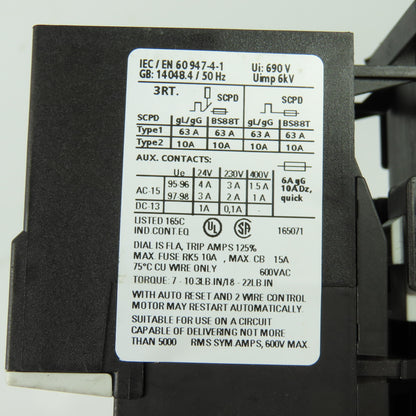 Siemens 3RT1024-1A Contactor 600VAC 40A 110V Coil W/ RU1126-1CB0 2.5A Relay