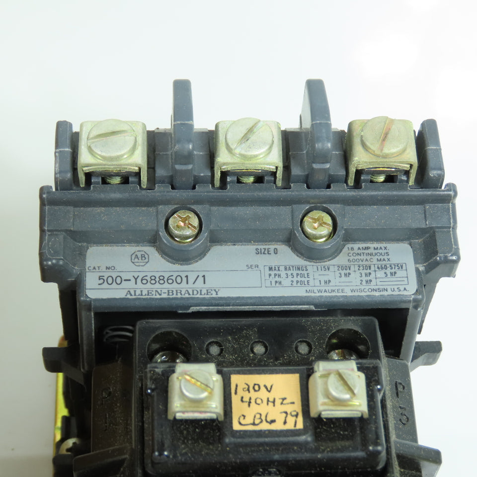 Allen Bradley 500-Y688601/1 Size 0 Starter Contactor 5HP 120V 40HZ Coil 18A 600V