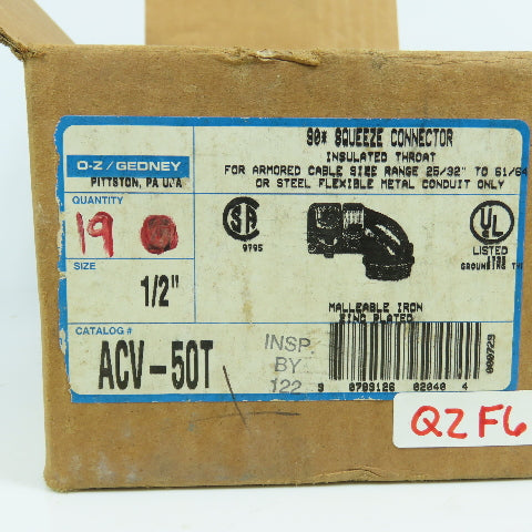 OZG ACV-50T 1/2" 90° 2-Screw Squeeze Connector Insulated Throat Lot Of 19