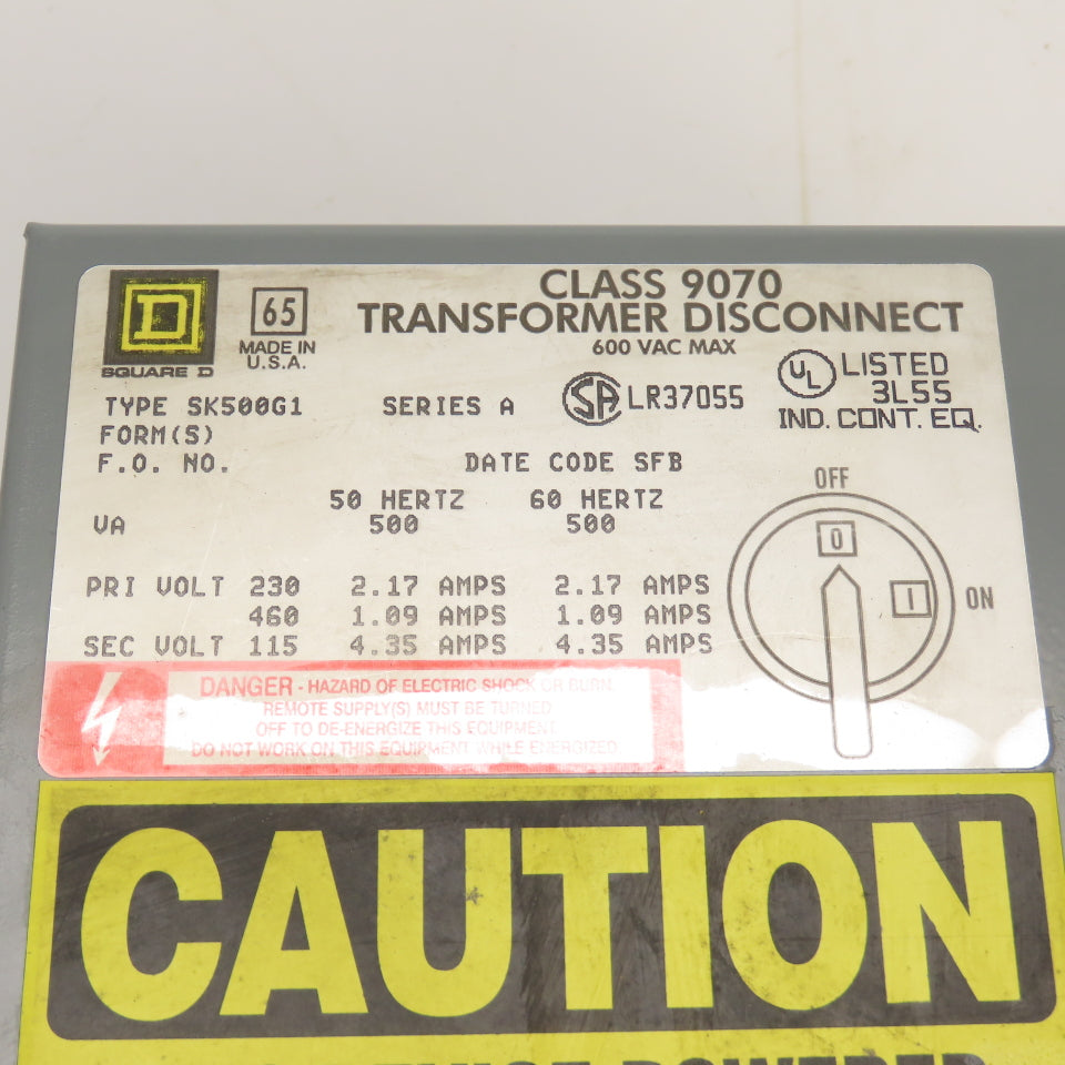 Square D SK500G1 Class 9070 Transformer Disconnect Pri 230/460V Sec 115V 4.35A