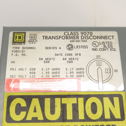 Square D SK500G1 Class 9070 Transformer Disconnect Pri 230/460V Sec 115V 4.35A