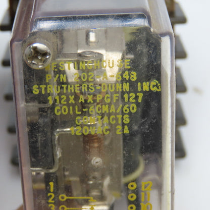 Westinghouse 202-A-648 120VAC 2A Relay & Socket Base