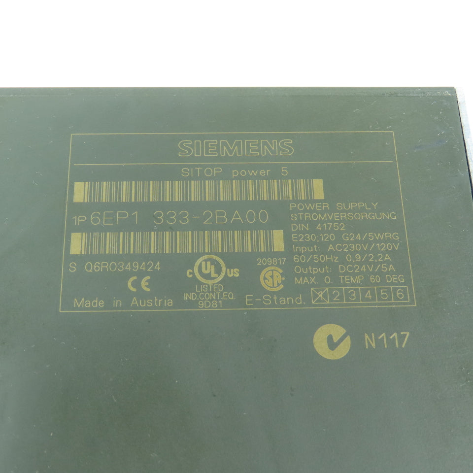 Siemens 6EP1 333-2BA00 SITOP Power 5 24V DC 5A Power Supply 120/230VAC 1PH Input