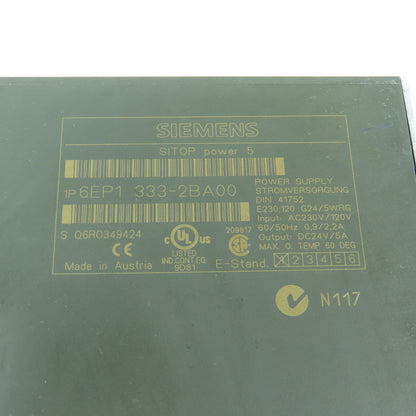 Siemens 6EP1 333-2BA00 SITOP Power 5 24V DC 5A Power Supply 120/230VAC 1PH Input