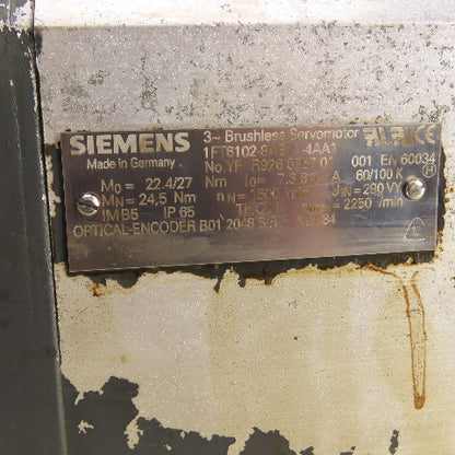 Siemens 1FT6102-8AB71-4AA1 3.8kW Servo Motor 1500RPM W/ Encoder B01-2048-S/R