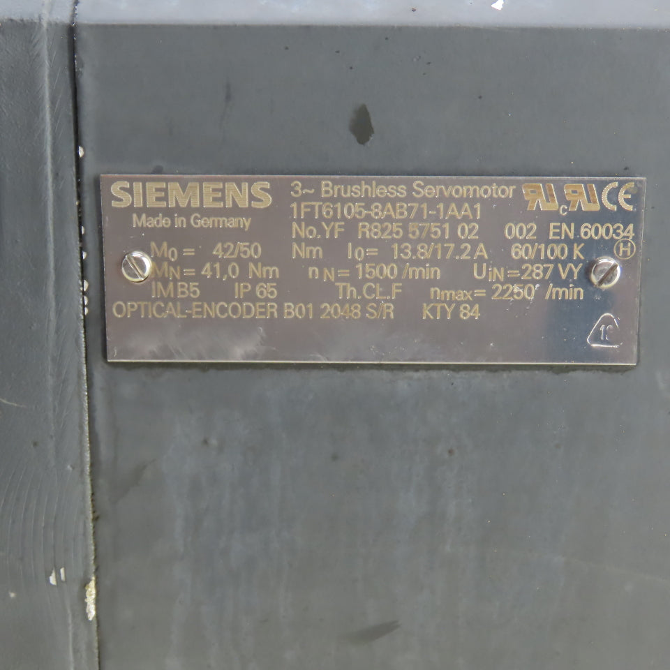 Siemens 1FT6105-8AB71-1AA1 Brushless Servo Motor 1500RPM W/ Encoder B01-2048-S/R