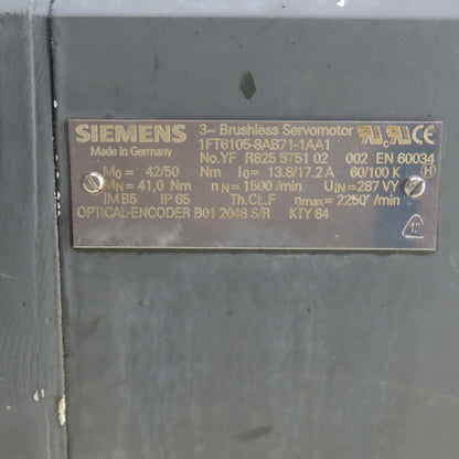Siemens 1FT6105-8AB71-1AA1 Brushless Servo Motor 1500RPM W/ Encoder B01-2048-S/R
