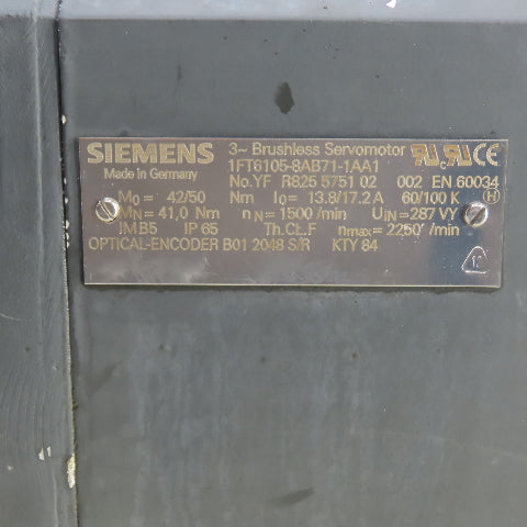 Siemens 1FT6105-8AB71-1AA1 Brushless Servo Motor 1500RPM W/ Encoder B01-2048-S/R