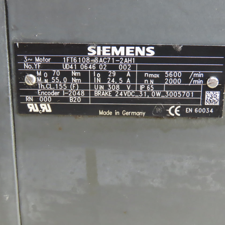 Siemens 1FT6108-8AC71-2AH1 3-Phase Servo Motor 2000RPM 308V W/ Encoder & Brake