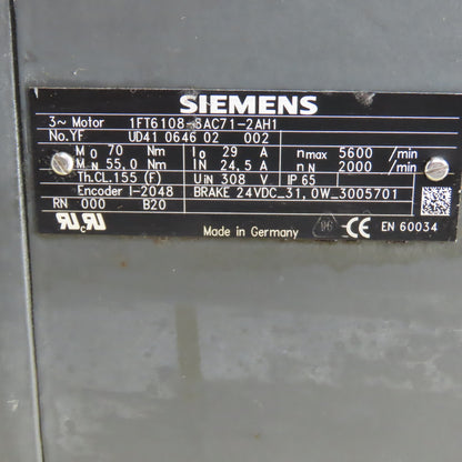 Siemens 1FT6108-8AC71-2AH1 3-Phase Servo Motor 2000RPM 308V W/ Encoder & Brake