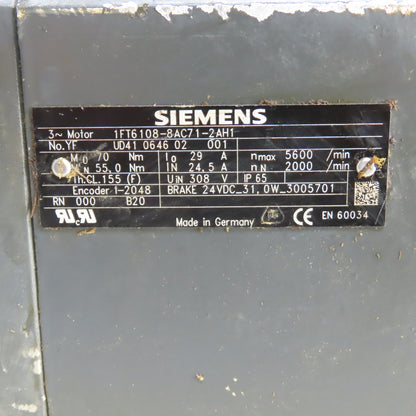 Siemens 1FT6108-8AC71-2AH1 3-Phase Servo Motor W/ Encoder & Brake BAD CONNECTORS