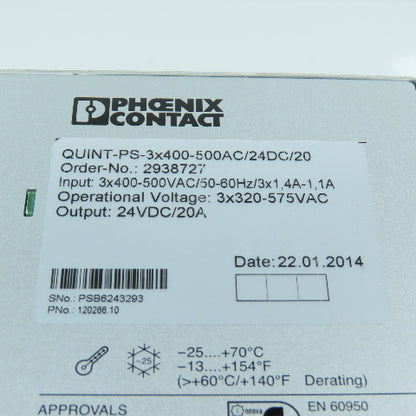 Phoenix Contact QUINT-PS-3x400-500AC/24DC/20 2938727 24V DC 20A Power Supply