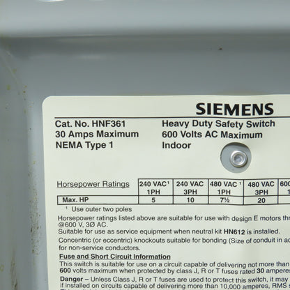 Siemens HNF361 30A Non-Fusible Heavy Duty Safety Disconnect Switch 600V AC Type1