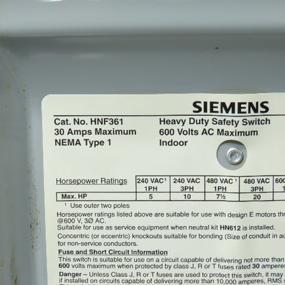 Siemens HNF361 30A Non-Fusible Heavy Duty Safety Disconnect Switch 600V AC Type1
