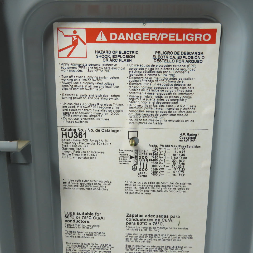 Square D HU361 30A Non-Fusible Heavy Duty Safety Disconnect Switch 600V AC Type1