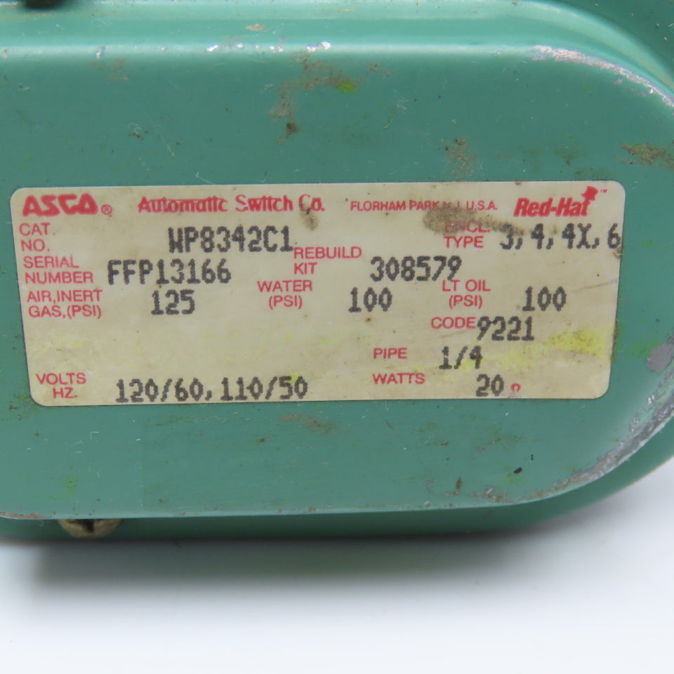 Asco WP8342C1 Solenoid Valve 120VAC 1/4" NPT 100PSI 20W Oil Water Inert Gas