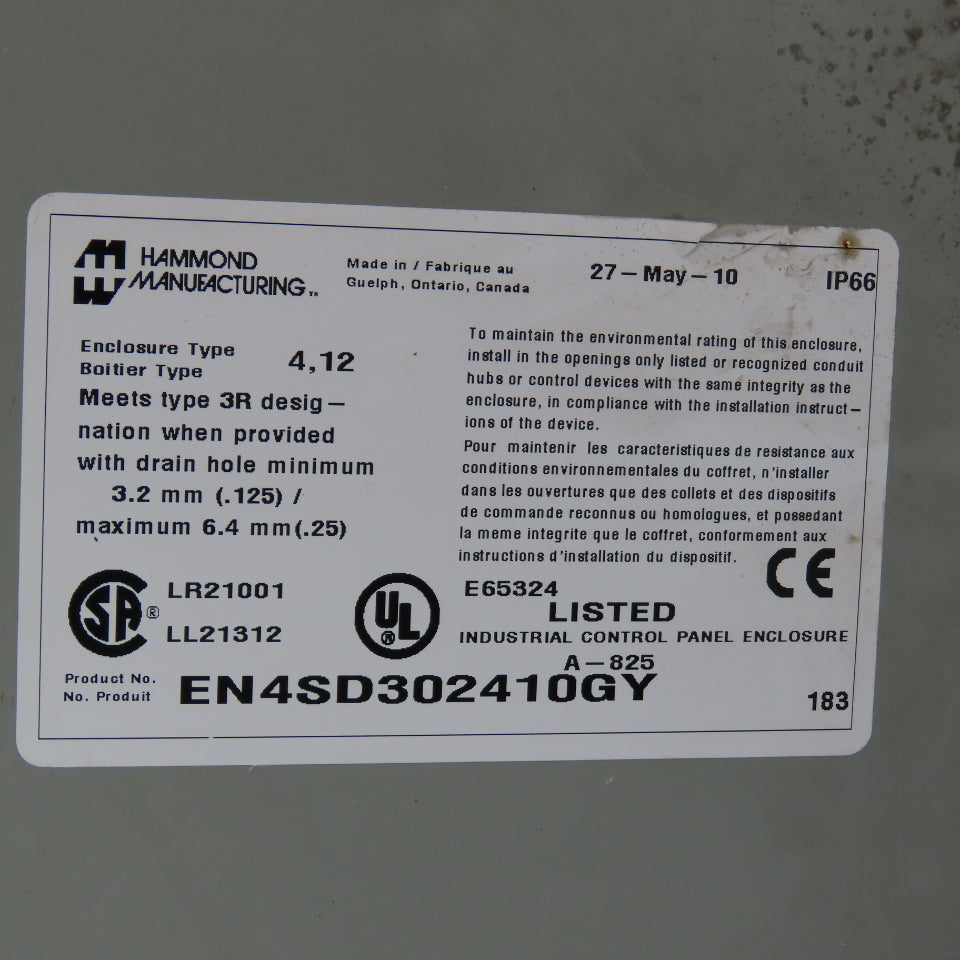 Hammond EN4SD302410GY 30 x 24 x 10" Electrical Enclosure W/ Backplate Type 4, 12