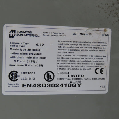 Hammond EN4SD302410GY 30 x 24 x 10" Electrical Enclosure W/ Backplate Type 4, 12