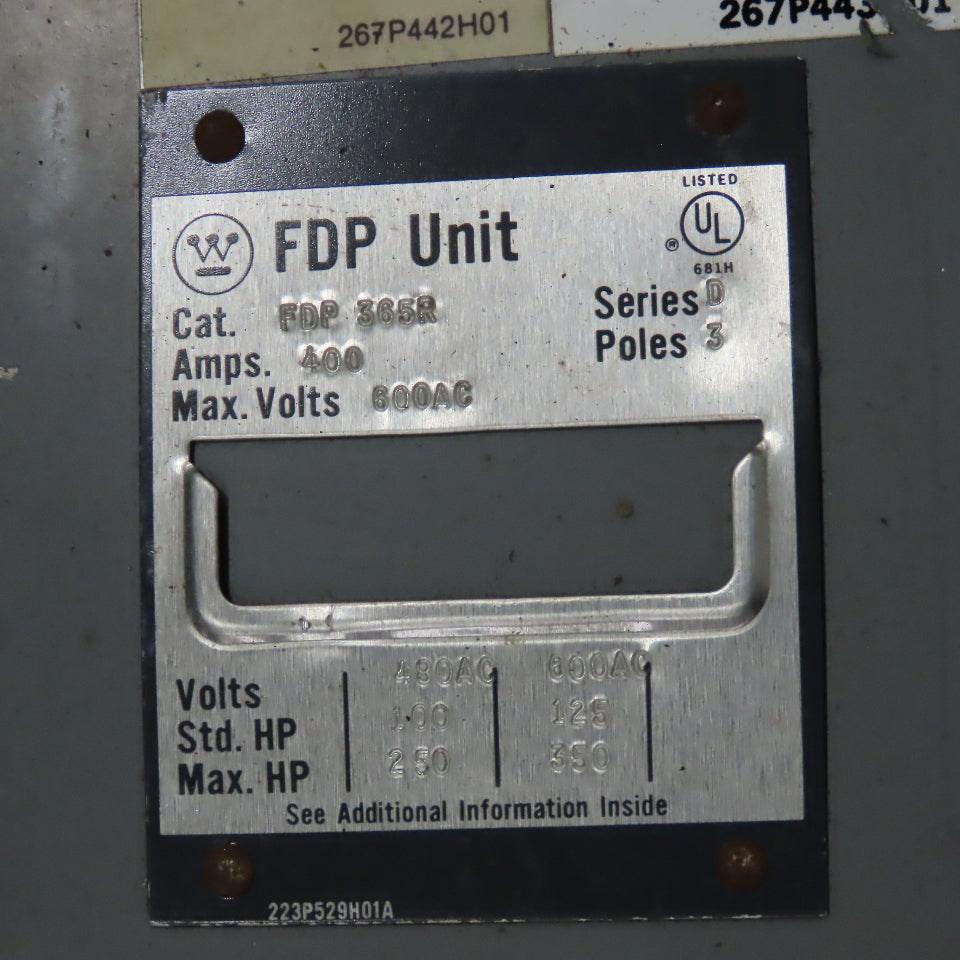Westinghouse FY48384 Type FDP 400A 3Ph 3W 480V Fused Panel Switch Board