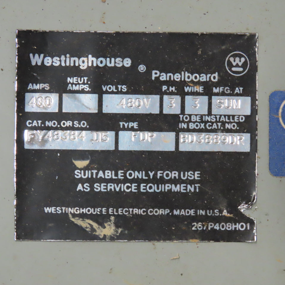 Westinghouse FY48384 Type FDP 400A 3Ph 3W 480V Fused Panel Switch Board