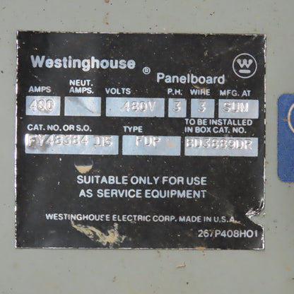 Westinghouse FY48384 Type FDP 400A 3Ph 3W 480V Fused Panel Switch Board