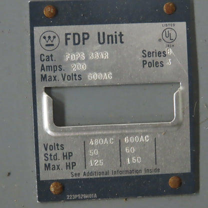 Westinghouse FY48384 Type FDP 400A 3Ph 3W 480V Fused Panel Switch Board