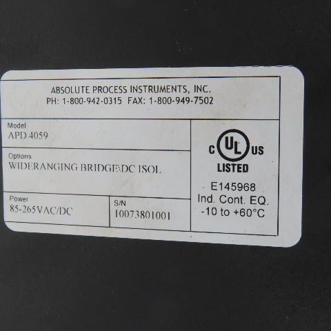 Absolute Process Instruments APD 4059 Strain Gauge To DC Transmitter 85-265V